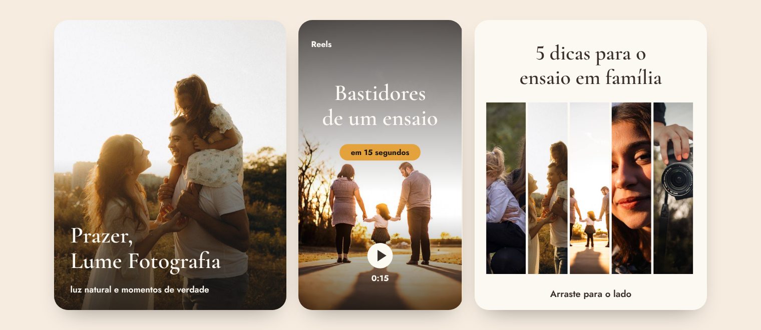 Três peças do perfil de exemplo Lume Fotografia