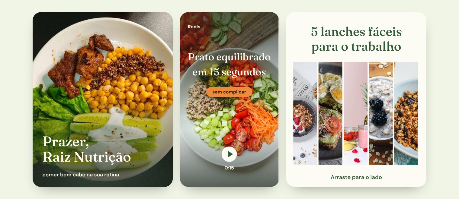 Três peças do perfil de exemplo Raiz Nutrição