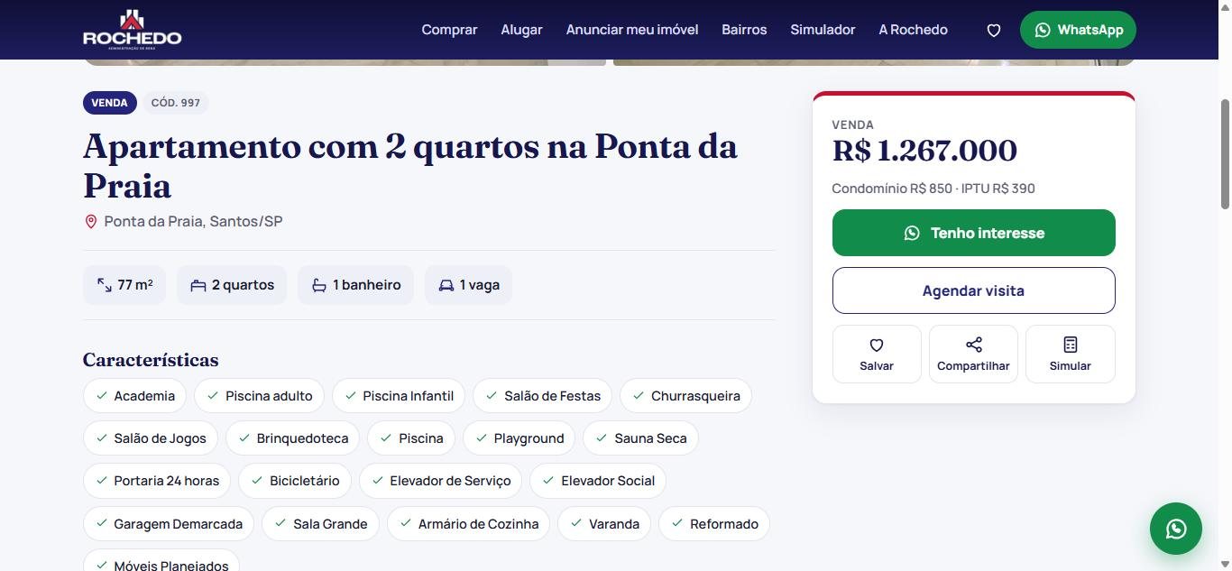 Página de um imóvel com preço e botão de WhatsApp
