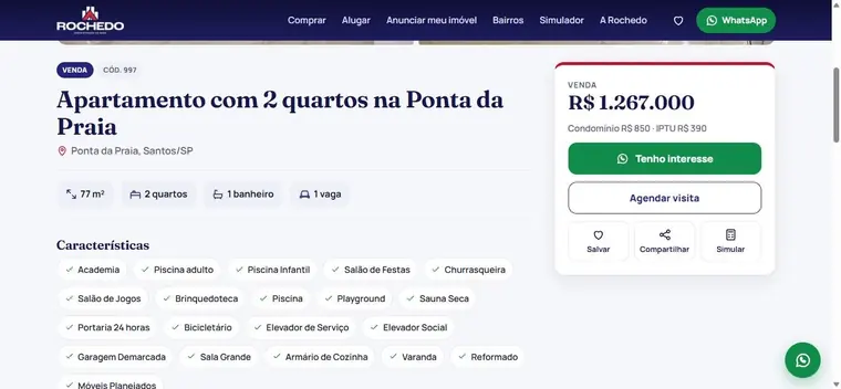 Página de um imóvel com preço e botão de WhatsApp